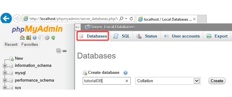 phpmyadmin database creation